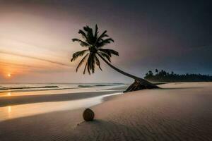 el Coco árbol en el playa a puesta de sol. generado por ai foto