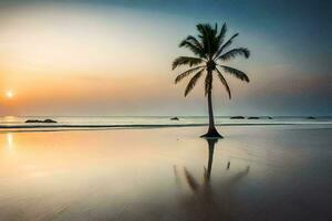 a lone palm tree stands on the beach at sunset. AI-Generated photo