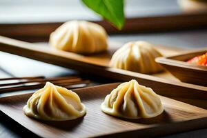 three dumplings sit on wooden trays with chopsticks. AI-Generated photo