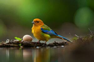 a bird with a blue head and orange body is standing on a branch near an egg. AI-Generated photo