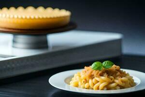 a plate of macaroni and cheese on a table. AI-Generated photo