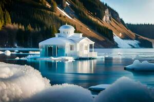 un pequeño blanco casa se sienta en parte superior de un hielo témpano de hielo. generado por ai foto