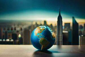 the world globe on a table in front of a cityscape. AI-Generated photo