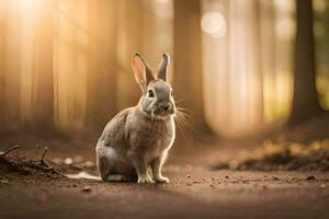 un Conejo sentado en el bosque a puesta de sol. generado por ai foto