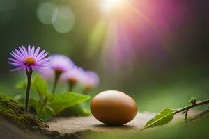 an egg is sitting on a log with purple flowers. AI-Generated photo