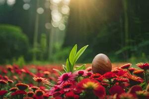 easter egg in the field of flowers. AI-Generated photo