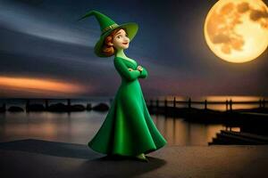 a woman in a green witch hat stands on a pier with the moon in the background. AI-Generated photo