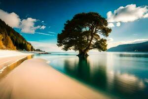 a lone tree on the beach. AI-Generated photo