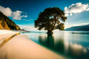 un solitario árbol en el playa. generado por ai foto