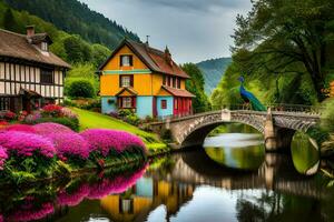 colorful houses and bridge over a river. AI-Generated photo