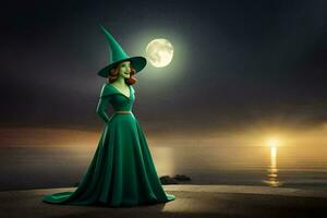 un mujer en un verde vestir en pie en frente de un lleno Luna. generado por ai foto