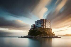 a building on an island with a long exposure. AI-Generated photo
