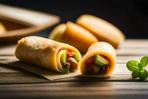 chicken spring rolls with vegetables on a wooden table. AI-Generated photo