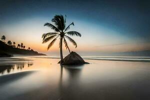 un solitario palma árbol soportes en el playa a puesta de sol. generado por ai foto