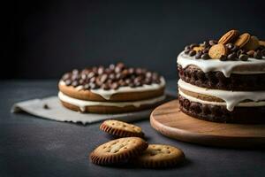 a cake with cookies and chocolate chips on top. AI-Generated photo
