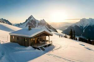 a cabin sits on top of a snowy mountain. AI-Generated photo