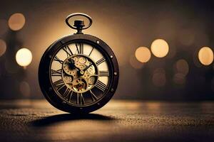 a pocket watch is shown on a table with lights. AI-Generated photo