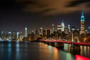 el nuevo York horizonte a noche. generado por ai foto