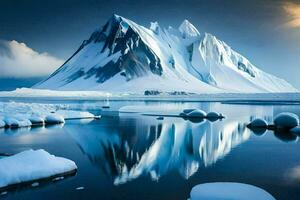 a mountain with snow and ice in the water. AI-Generated photo