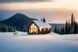 a cabin in the snow with a deer. AI-Generated photo