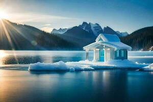 un pequeño casa se sienta en un hielo témpano de hielo en el medio de un lago. generado por ai foto