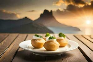 three small food items on a plate with a view of the ocean. AI-Generated photo