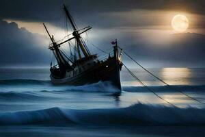 un Embarcacion en el Oceano con un lleno Luna. generado por ai foto