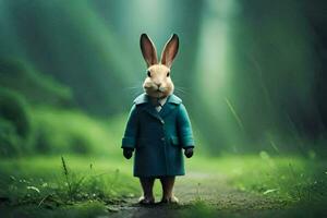 a rabbit in a blue coat standing in the middle of a forest. AI-Generated photo