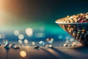 a bowl full of diamonds on a table. AI-Generated photo