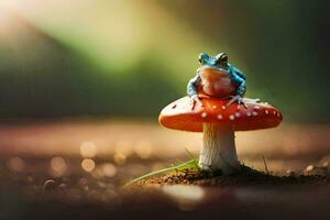 a frog sits on top of a mushroom. AI-Generated photo