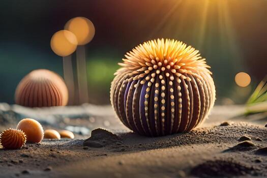 un pelota de puntiagudo pelotas en el arena. generado por ai foto