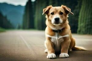 un perro sentado en el la carretera en frente de arboles generado por ai foto