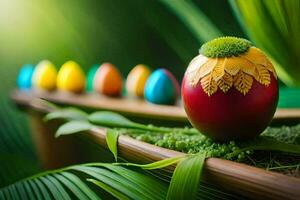 colorful easter eggs on a wooden board with green leaves. AI-Generated photo