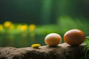 two eggs are sitting on a log near a pond. AI-Generated photo