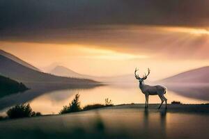 a deer stands in front of a lake at sunset. AI-Generated photo