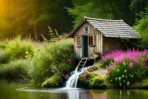 small cottage by the water with flowers and a waterfall. AI-Generated photo