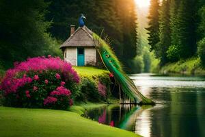 the house is on the water and the peacock is sitting on the roof. AI-Generated photo