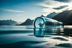 a bottle floating in the water with mountains in the background. AI-Generated photo