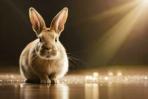 a rabbit is sitting on a wet floor. AI-Generated photo