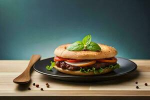 hamburger on a plate with a wooden spoon. AI-Generated photo