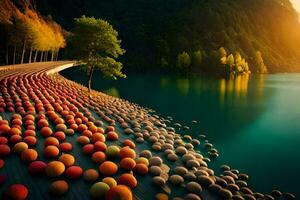 a lake with many balls on the shore. AI-Generated photo