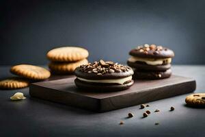 three chocolate cookies on a wooden board. AI-Generated photo