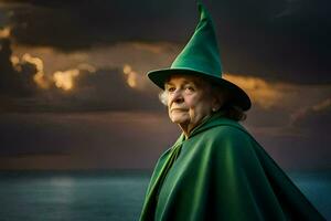 an old woman in a green hat and green cloak. AI-Generated photo