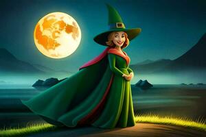 a cartoon witch standing in front of the moon. AI-Generated photo