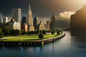 un ciudad horizonte con un río y un parque. generado por ai foto