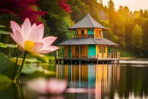 lotus flower on the lake with a house in the background. AI-Generated photo