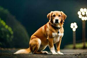 a dog sitting on the road at night. AI-Generated photo