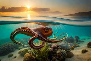 an octopus swimming in the ocean with the sun setting behind it. AI-Generated photo