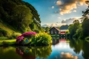 un casa se sienta en el banco de un río con flores generado por ai foto