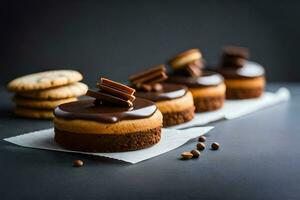 three chocolate cheesecakes with chocolate frosting and cookies. AI-Generated photo